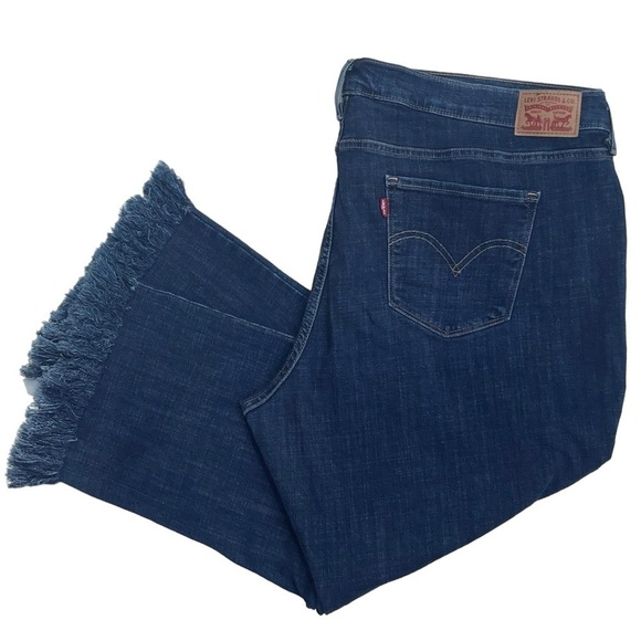 LEVI'S FRAYED RAW HEM DARK WASH BLUE CROPPED STRETCH BOHO JEANS - Picture 2 of 13